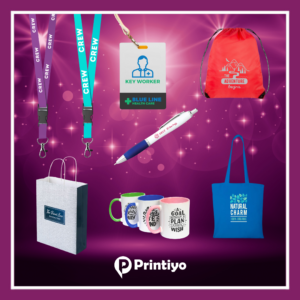 Promotional products including mugs, lanyards, pens, bags, mouse mats, umbrellas, water bottles. Full colour printing